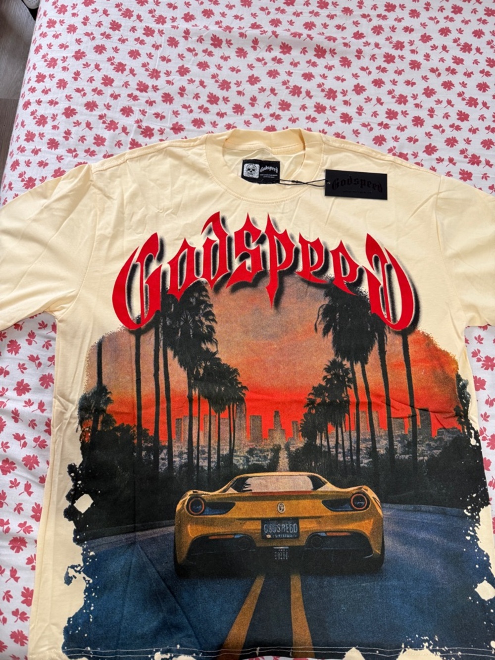 Godspeed Cream Short-Sleeve Graphic Tee with Red Logo & Yellow Car